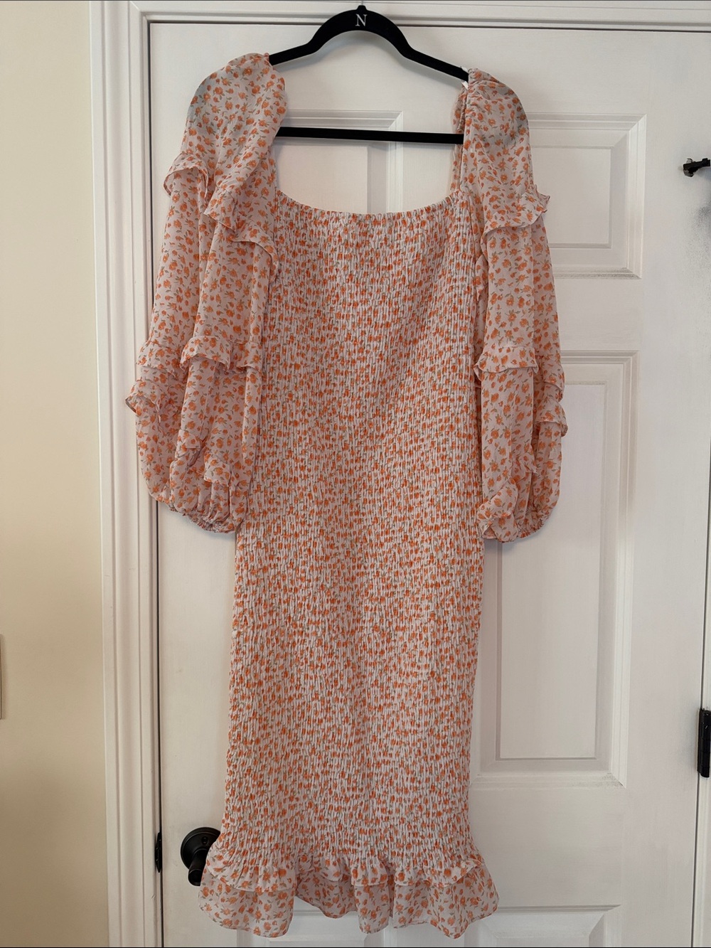 Petal & Pup Smocked Off-Shoulder Floral Midi Dress in Peach